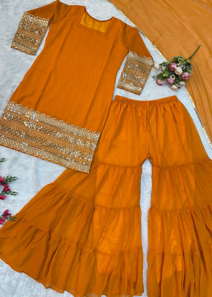 Heavy Pure Faux Georgette Top Palazzo With Dupatta For Party Wear